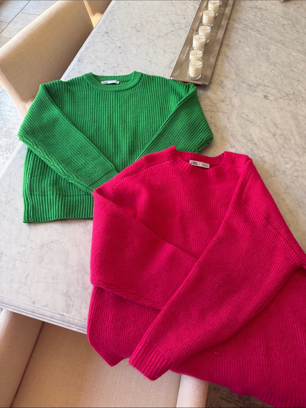 *two* Zara Women’s Crewneck Sweaters - Green and Hot Pink size medium